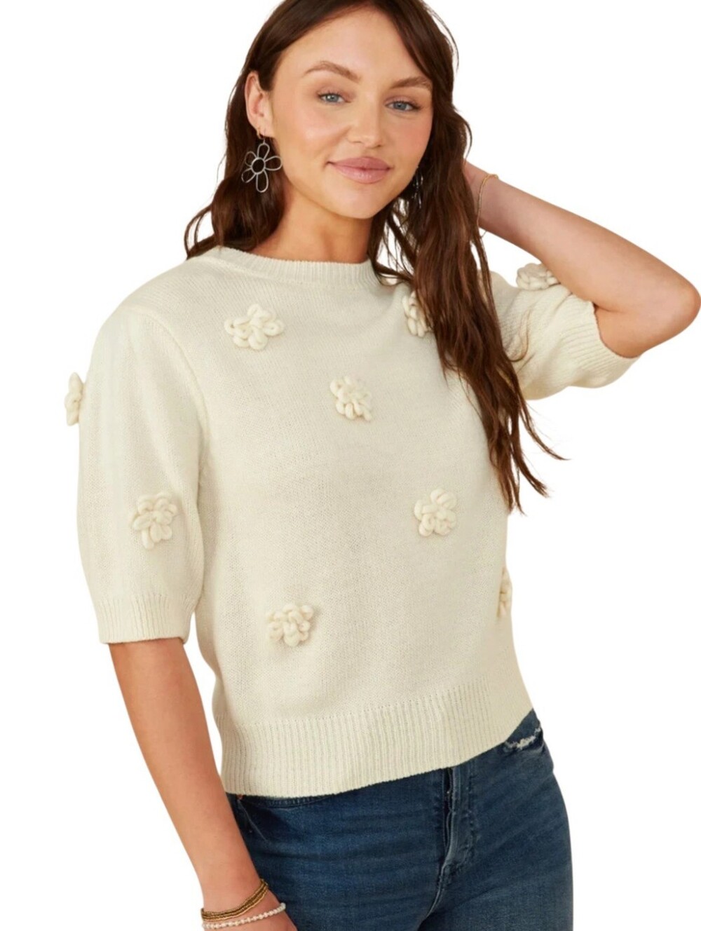 Hayden Hand Knit Cream Floral Patch Short Sleeve Sweater M